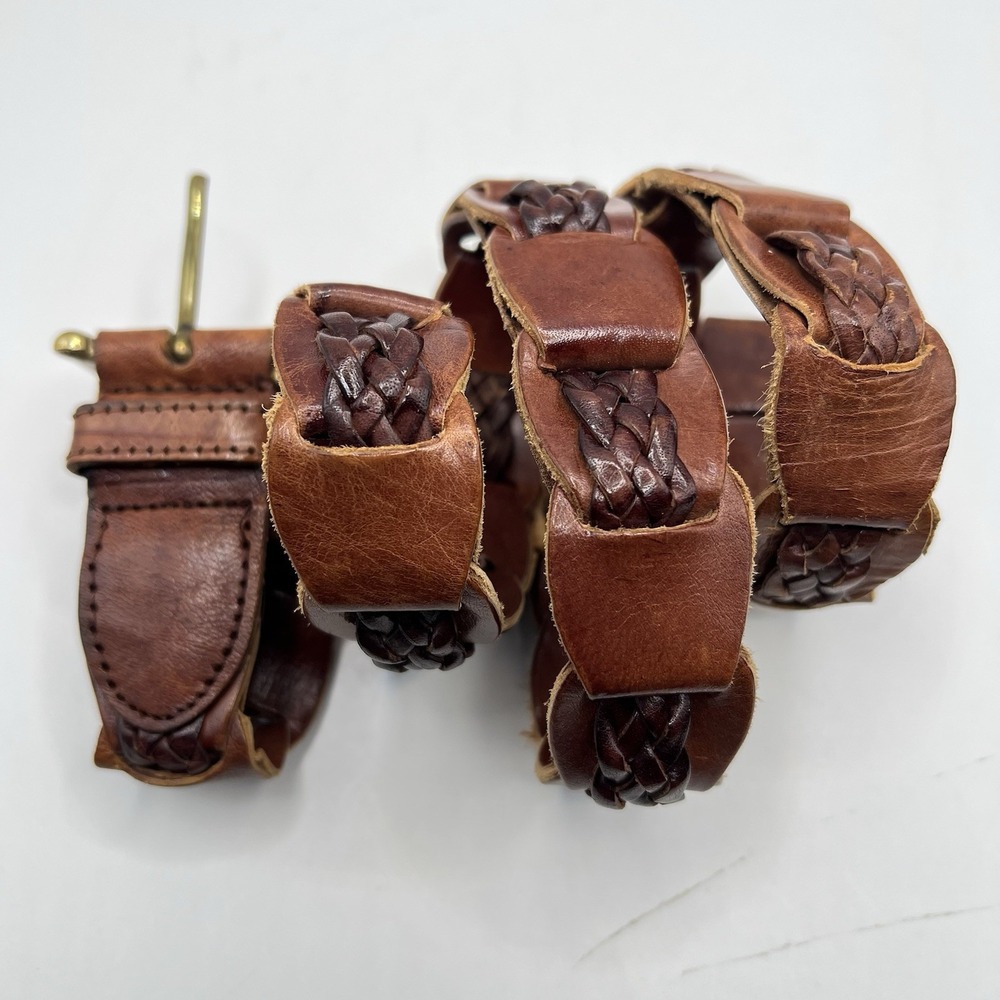 Braided Leather Link Belt Brass Buckle Small Brown Boho Western Festival - Picture 3 of 8